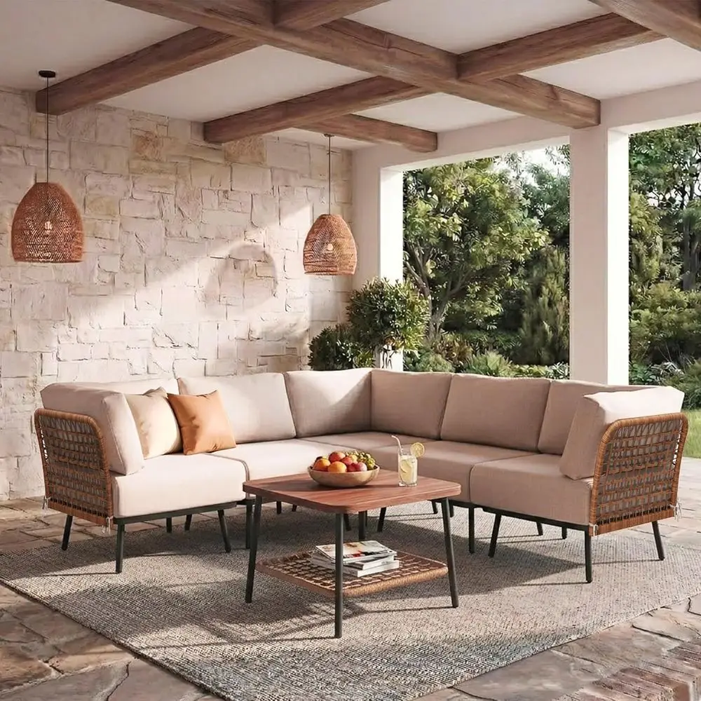 6-Piece Outdoor Sectional Wicker Furniture Set with Cushions and Wood-Grain Coffee Table
6-Piece Outdoor Sectional Wicker Furniture Set with Cushions and Wood-Grain Coffee Table