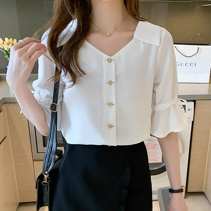 Women Short Sleeve Chiffon Shirts Summer Chic Button Flare Sleeves Blouse V-neck Drawstring Solid Fashion Loose Commute Tops
Women Short Sleeve Chiffon Shirts Summer Chic Button Flare Sleeves Blouse V-neck Drawstring Solid Fashion Loose Commute Tops