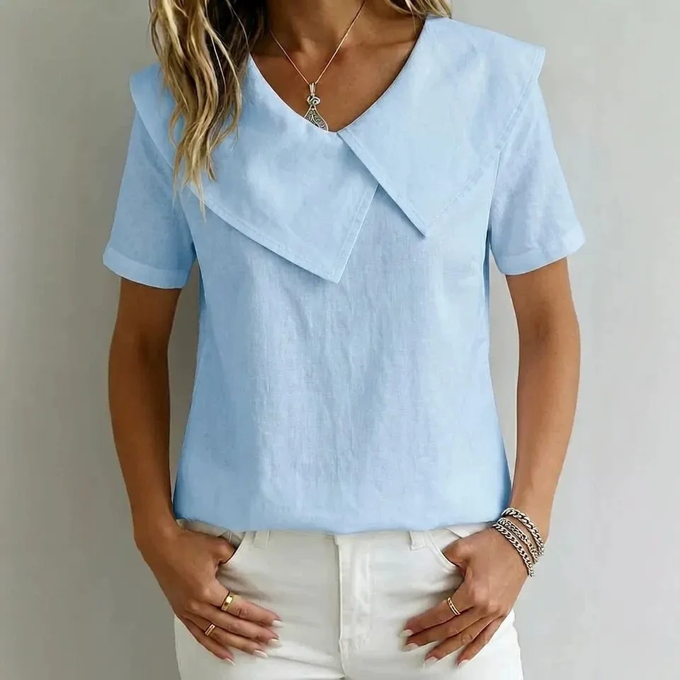 Women's Blouse V Neck Light Blue Blouses Loose Fit Linen Look Fabric Button-Up Shirt Short Sleeve Lapel Collar Casual Shirt
Women's Blouse V Neck Light Blue Blouses Loose Fit Linen Look Fabric Button-Up Shirt Short Sleeve Lapel Collar Casual Shirt