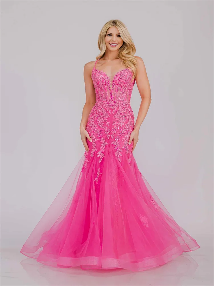 Customized V NecklineThin Straps Tulle Mermaid Evening Dress Sexy Open Lace Up Back Floor Length Sweep Train Gown For Women 2025
Customized V NecklineThin Straps Tulle Mermaid Evening Dress Sexy Open Lace Up Back Floor Length Sweep Train Gown For Women 2025