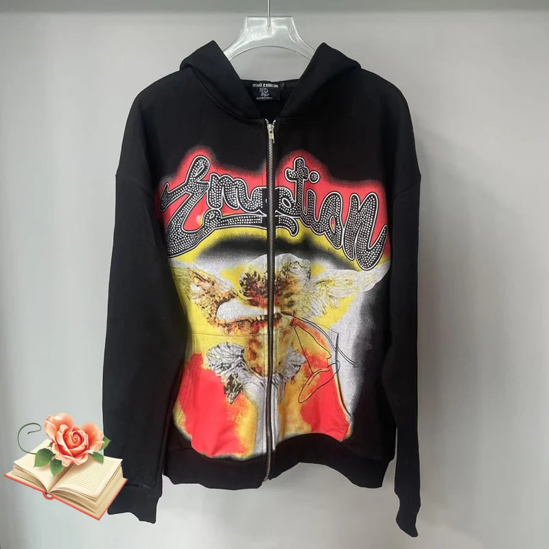 Cardigan Zipper Mixed Emotion Embroidery Rhinestone Logo Hoodie Men Women High Quality Angel Archery Print Jackets Pullovers
Cardigan Zipper Mixed Emotion Embroidery Rhinestone Logo Hoodie Men Women High Quality Angel Archery Print Jackets Pullovers
