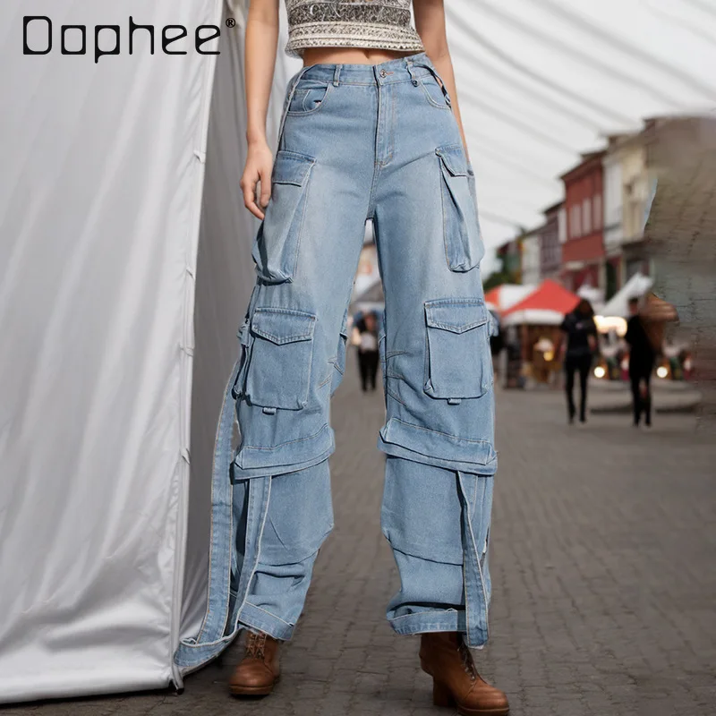 Streetwear Multi-Pocket Decorative Ripped Denim Overalls Pants for Women 2024 Spring New Blue Ribbon Hollow Cargo Jeans Female
Streetwear Multi-Pocket Decorative Ripped Denim Overalls Pants for Women 2024 Spring New Blue Ribbon Hollow Cargo Jeans Female