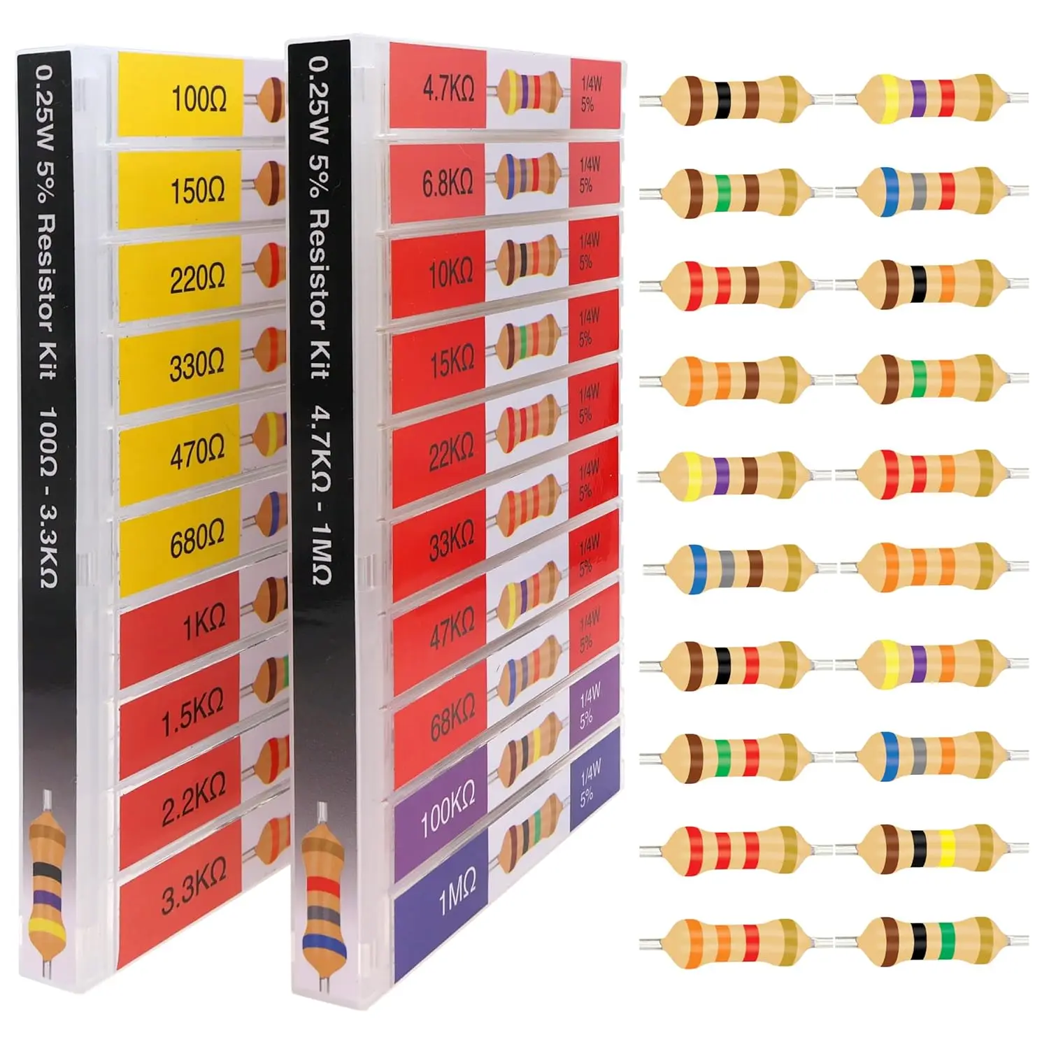 100 Ohm - 1M Ohm 5% Carbon Resistor Assortment Kit, 1000pcs 1/4W for LED Lights & Electronics
100 Ohm - 1M Ohm 5% Carbon Resistor Assortment Kit, 1000pcs 1/4W for LED Lights & Electronics