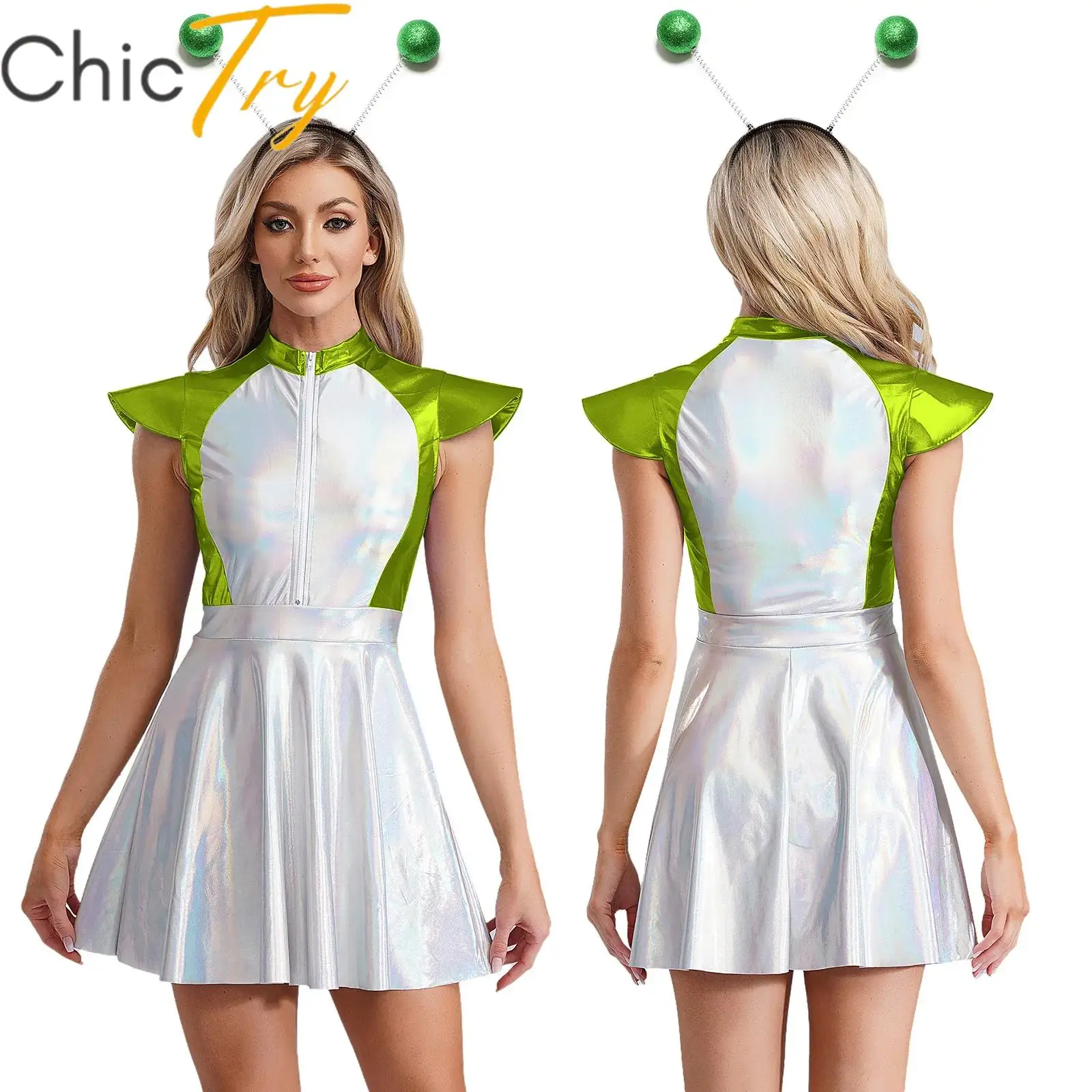 Womens Halloween Alien Cosplay Costume Outer Space Roleplay Dress Cap Sleeve Glittering Dress with Hair Hoop Carnival Dress Up
Womens Halloween Alien Cosplay Costume Outer Space Roleplay Dress Cap Sleeve Glittering Dress with Hair Hoop Carnival Dress Up