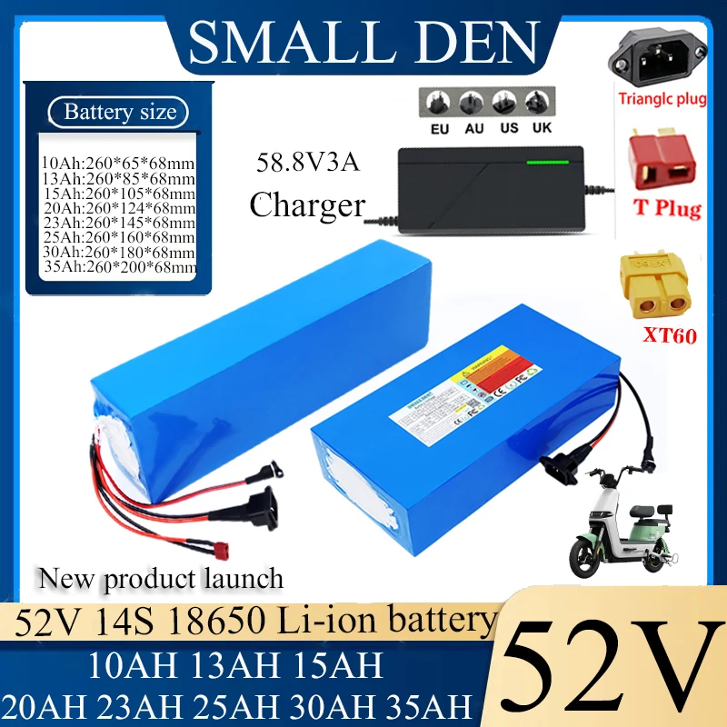 52V 10Ah 13Ah 15Ah 25Ah 30Ah 35Ah 18650 Lithium battery pack 1000 cycles With BMS For 1500W E-scooter motorcycle + 58.8V Charger
52V 10Ah 13Ah 15Ah 25Ah 30Ah 35Ah 18650 Lithium battery pack 1000 cycles With BMS For 1500W E-scooter motorcycle + 58.8V Charger