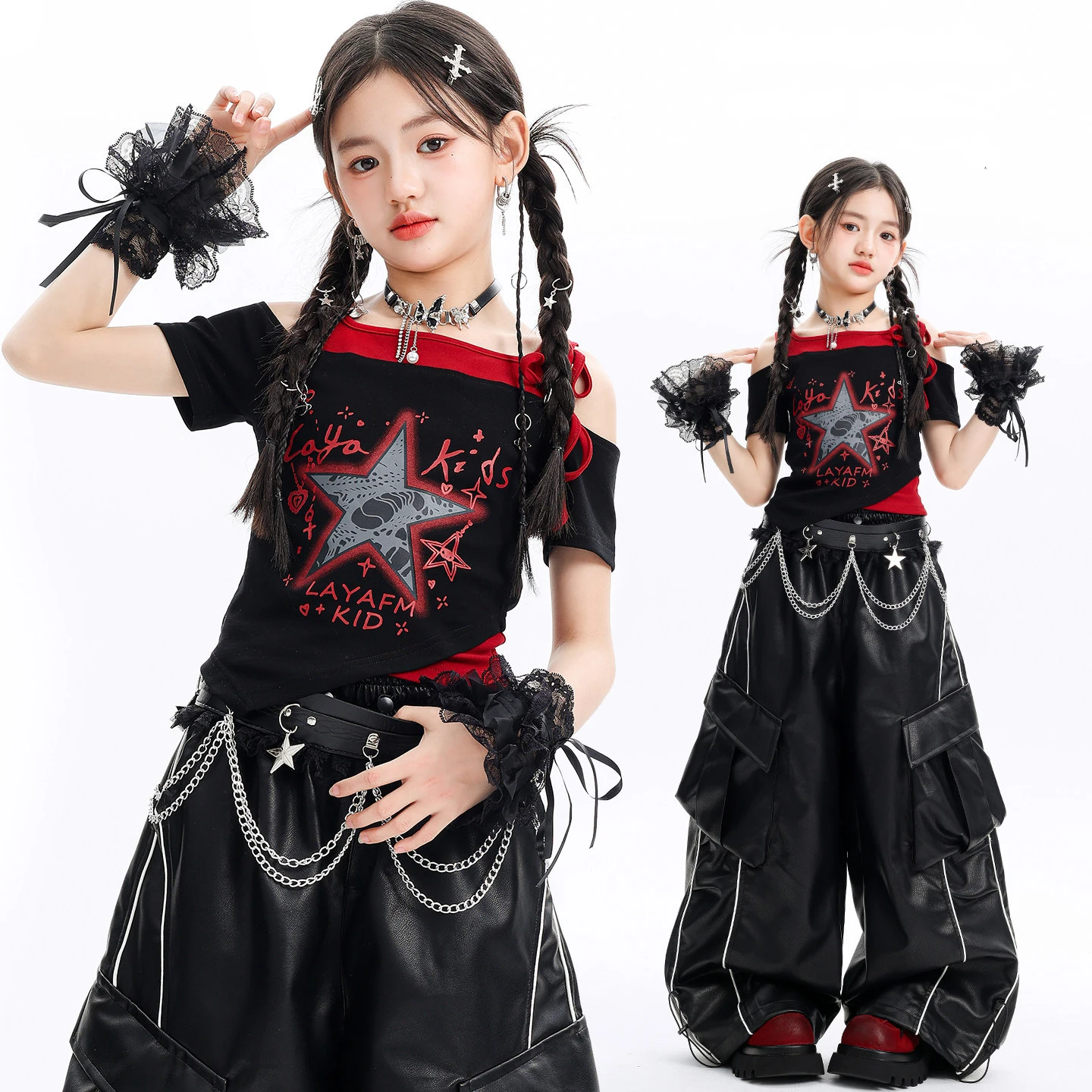 Kid Kpop Hip Hop Clothing Black Off Shoulder Crop T Shirt PU Leather Striped Cargo Pants for Girl Street Dance Costumes Clothes
Kid Kpop Hip Hop Clothing Black Off Shoulder Crop T Shirt PU Leather Striped Cargo Pants for Girl Street Dance Costumes Clothes