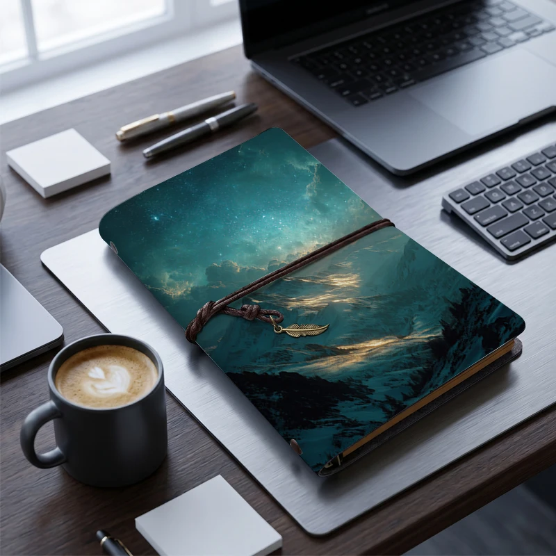 Vintage Starry Night Mountain Leather Notebook - Retro Snow Mountain Scenery Print, Feather Charm Tie Closure Journal for Men &
Vintage Starry Night Mountain Leather Notebook - Retro Snow Mountain Scenery Print, Feather Charm Tie Closure Journal for Men &