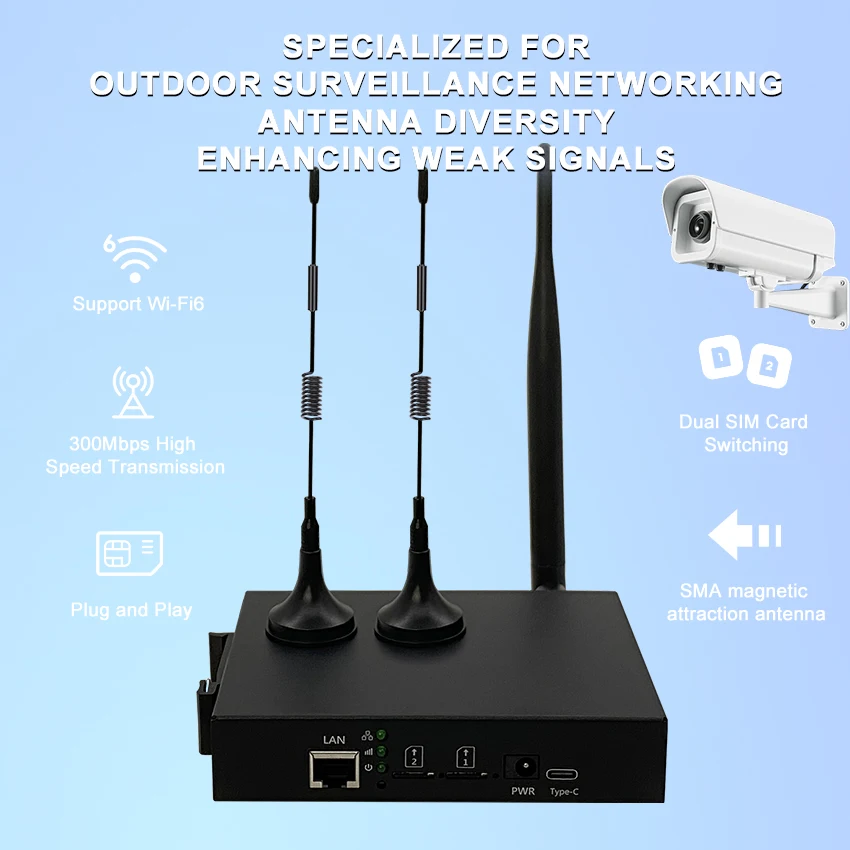 4G LTE Wi-Fi 6 Router Dual SIM 150Mbps, 2.4GHz 300Mbps WiFi, SMA Magnetic Antenna, 3G/4G Lock, APN Setting, DC 12V/Type-C, Rail 
4G LTE Wi-Fi 6 Router Dual SIM 150Mbps, 2.4GHz 300Mbps WiFi, SMA Magnetic Antenna, 3G/4G Lock, APN Setting, DC 12V/Type-C, Rail