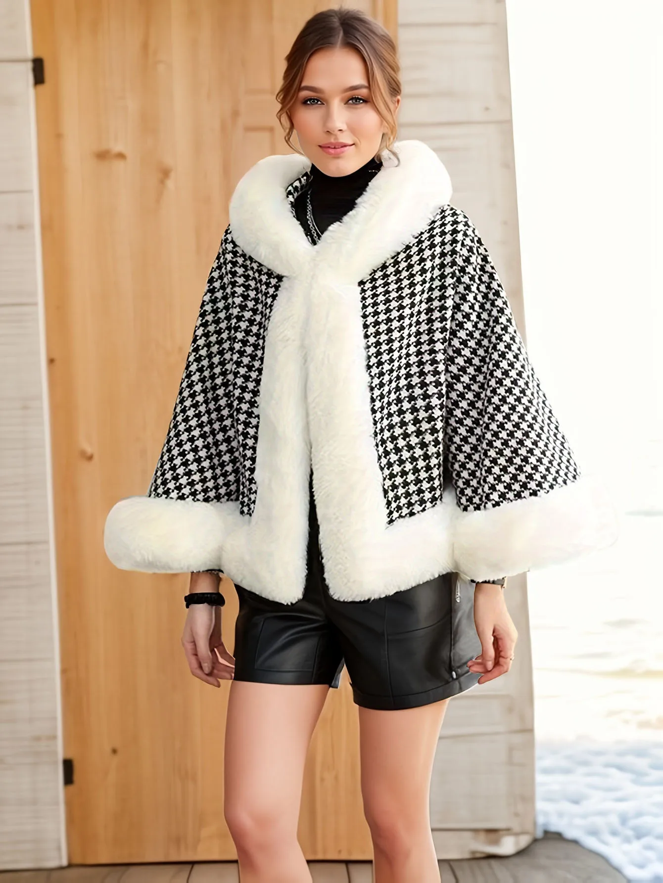 Autumn and Winter Women's Thousand Bird Check Jacquard Imitation Rex Rabbit Fur Collar Casual Style Cape Hooded Cape
Autumn and Winter Women's Thousand Bird Check Jacquard Imitation Rex Rabbit Fur Collar Casual Style Cape Hooded Cape