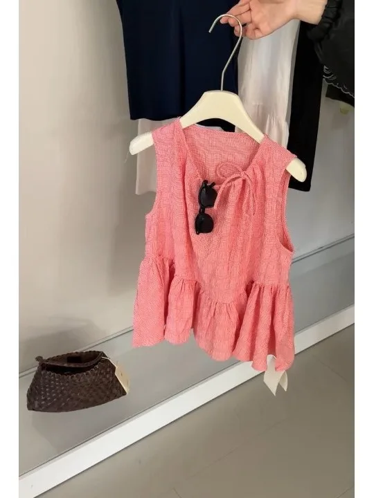Summer New Design Loose Doll Shirt Women's Sleeveless Plaid Pink Texture Belted Vest Top French Style Cotton Polyester Blend
Summer New Design Loose Doll Shirt Women's Sleeveless Plaid Pink Texture Belted Vest Top French Style Cotton Polyester Blend