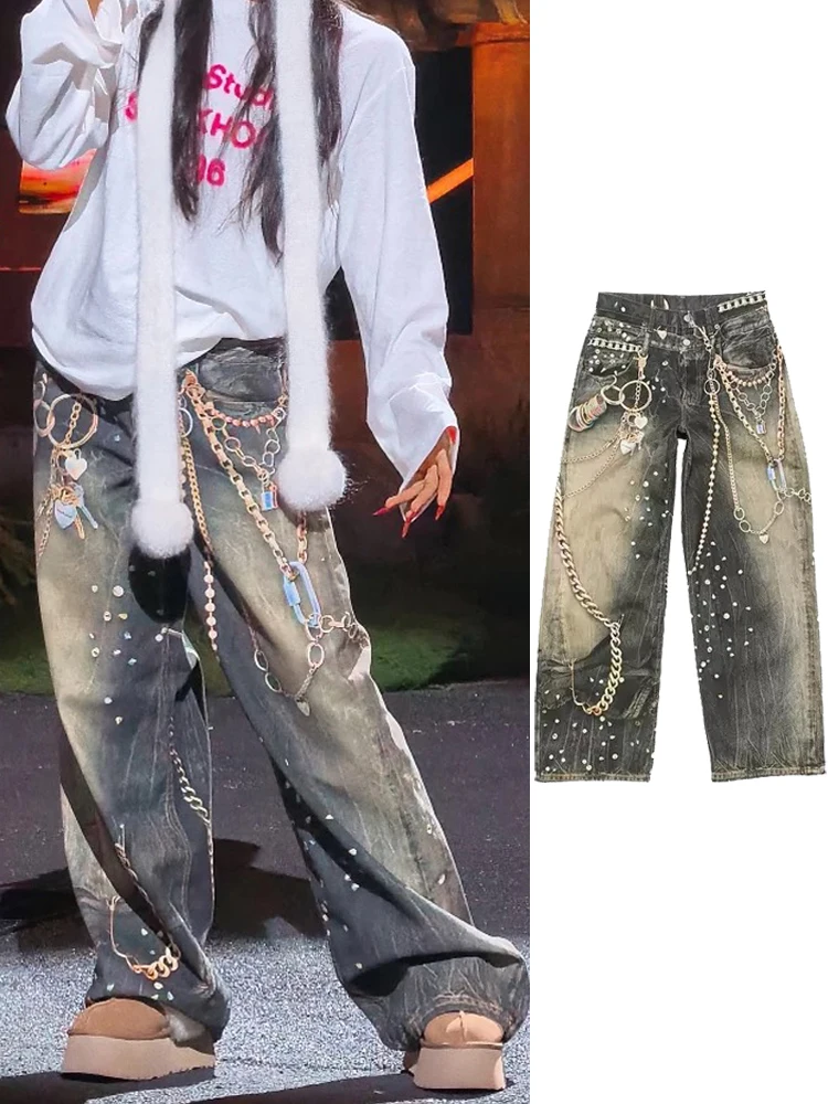 High Waist Jennie Zhang Ying Black Gold Chain Print 3D Illusion Vintage Wide Leg Jeans Retro Style Denim Pants Women's Fashion
High Waist Jennie Zhang Ying Black Gold Chain Print 3D Illusion Vintage Wide Leg Jeans Retro Style Denim Pants Women's Fashion