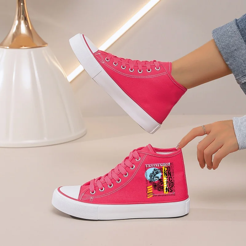 Women's Fuchsia High-Top Canvas Sneakers: Chunky Platform with Graphic Lettering. Pair with Jeans & Shorts for Casual Days.
Women's Fuchsia High-Top Canvas Sneakers: Chunky Platform with Graphic Lettering. Pair with Jeans & Shorts for Casual Days.