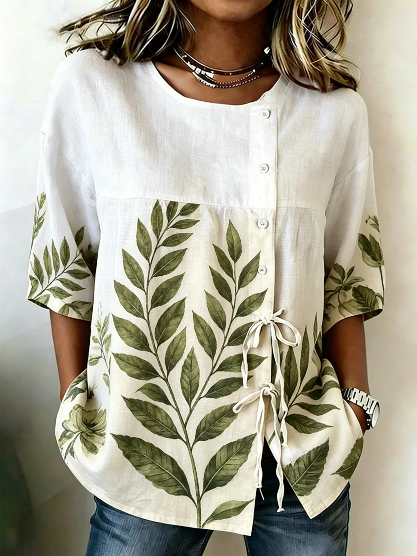 Women's Spring Summer Drawstring Blouse, Green Leaf Print Casual Tops for Daily Street Holiday Dating & Leisure Outfit
Women's Spring Summer Drawstring Blouse, Green Leaf Print Casual Tops for Daily Street Holiday Dating & Leisure Outfit