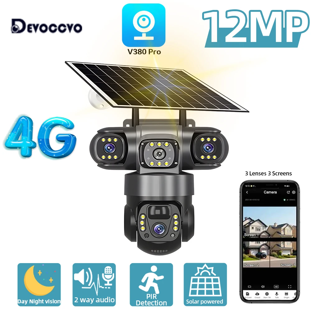 12MP 4G Sim Card Three Lens PTZ Solar Security Camera Three Screens PIR Detection Outdoor Wireless CCTV Surveillance IP Camera
12MP 4G Sim Card Three Lens PTZ Solar Security Camera Three Screens PIR Detection Outdoor Wireless CCTV Surveillance IP Camera