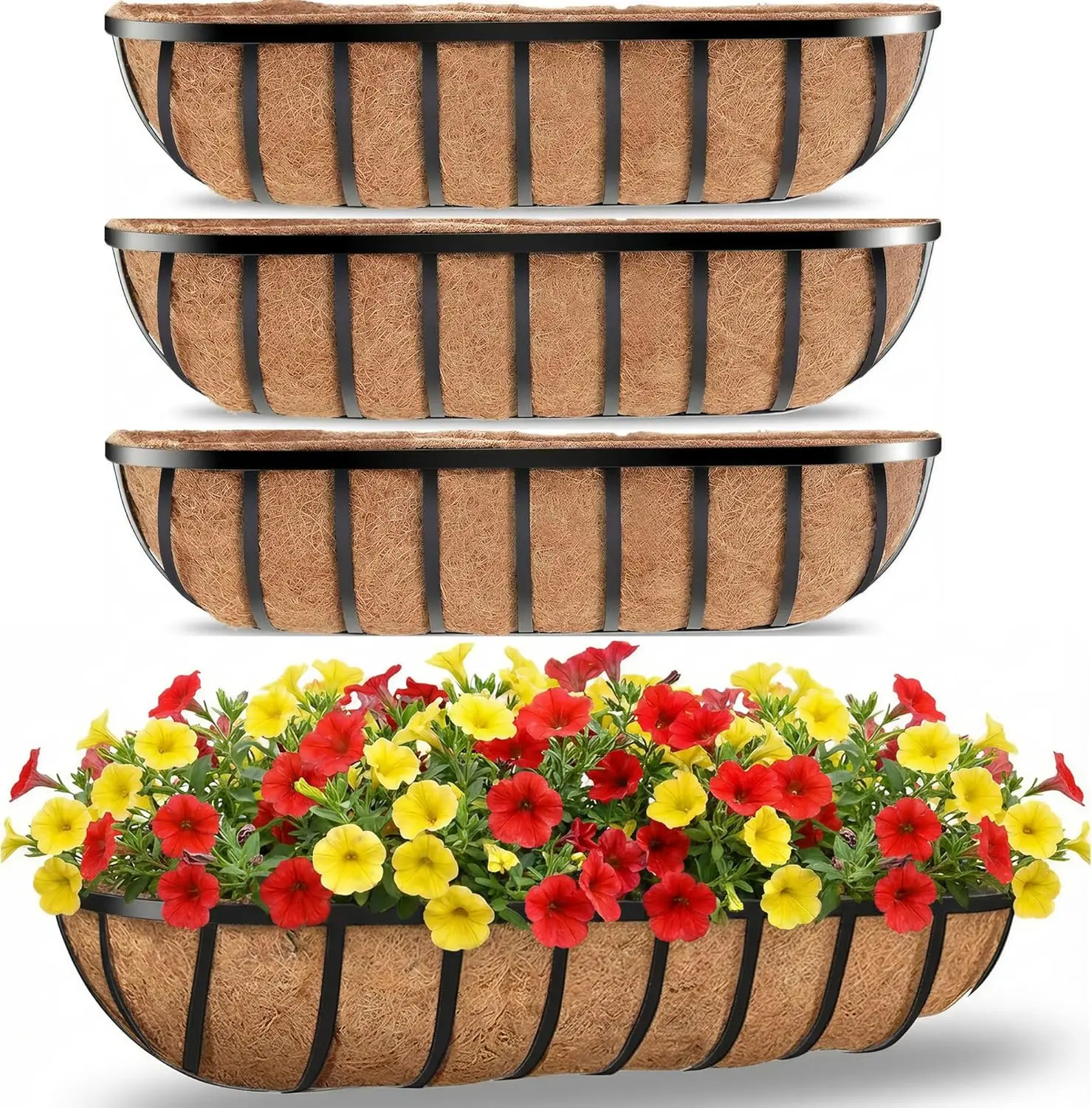 30" Black Metal Window Box Planter with Coco Liners, 4-Pack for Deck Railing, Indoor/Outdoor Use
30" Black Metal Window Box Planter with Coco Liners, 4-Pack for Deck Railing, Indoor/Outdoor Use