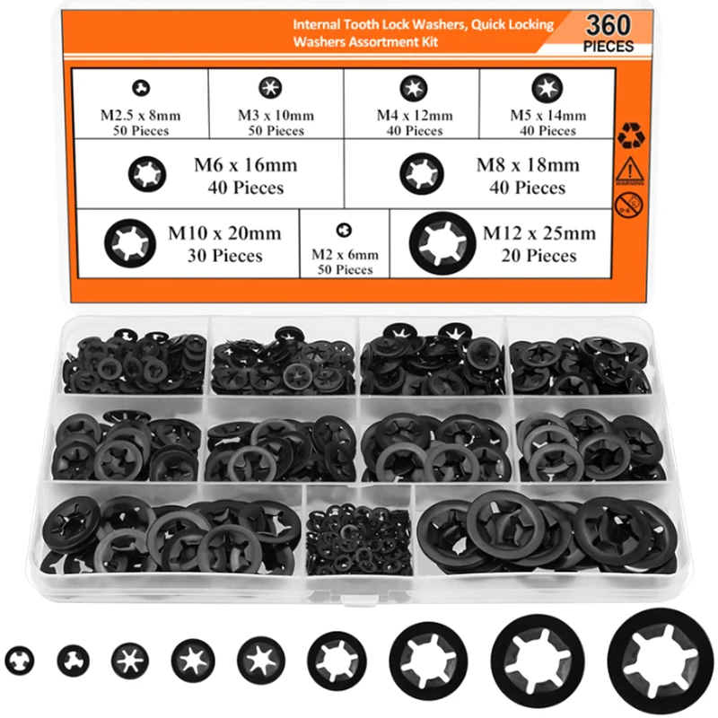 Set of 360 Durable Internal Tooth Star Lock Washers in Various Sizes 2/2.5/3/4/5/6/8/10/12mm with Fastening Retaining Clips H4GE
Set of 360 Durable Internal Tooth Star Lock Washers in Various Sizes 2/2.5/3/4/5/6/8/10/12mm with Fastening Retaining Clips H4GE
