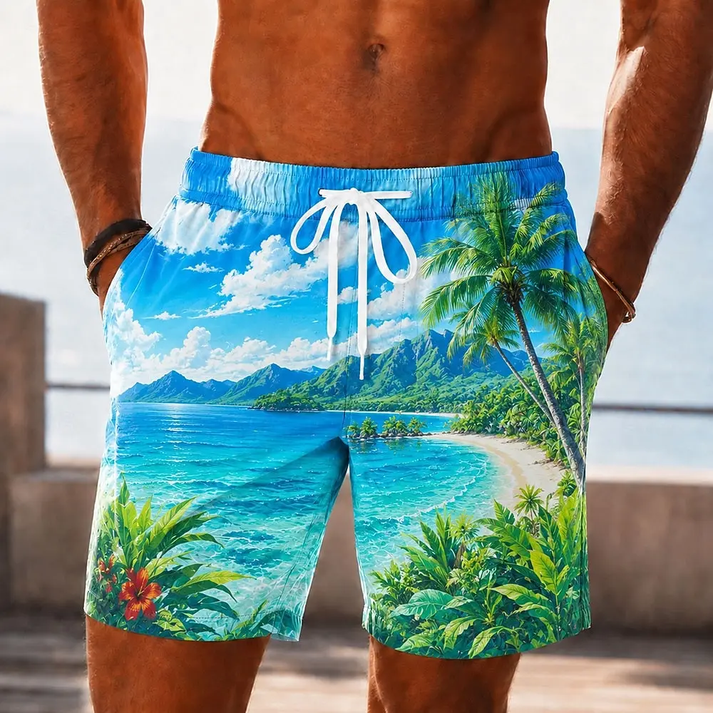 Men's Tropical Beach Landscape Print Drawstring Shorts, Casual Loose Swim Trunks For Spring Summer Beach & Vacation Wear
Men's Tropical Beach Landscape Print Drawstring Shorts, Casual Loose Swim Trunks For Spring Summer Beach & Vacation Wear
