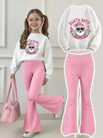 Trendy White Sweatshirt and Pink Bell-Bottom Pants Set for Girls Aged 4-12 with the Letter and Number Combination 67, Printed with the Personalized Text "67 Six Seven," Santa Claus Christmas Outfit