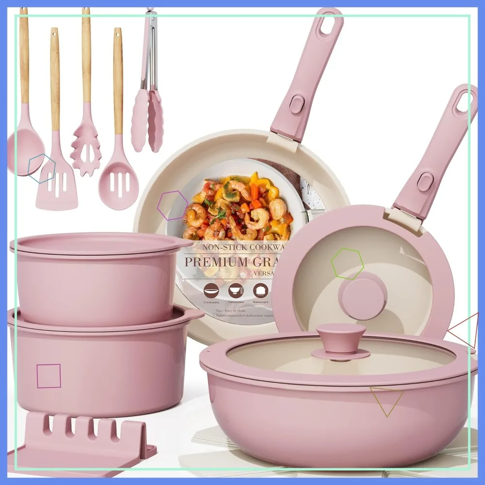 21-Piece Non-Stick Ceramic Cookware Set with Detachable Handles, Oven & Induction Safe, Stackable in Pink
21-Piece Non-Stick Ceramic Cookware Set with Detachable Handles, Oven & Induction Safe, Stackable in Pink