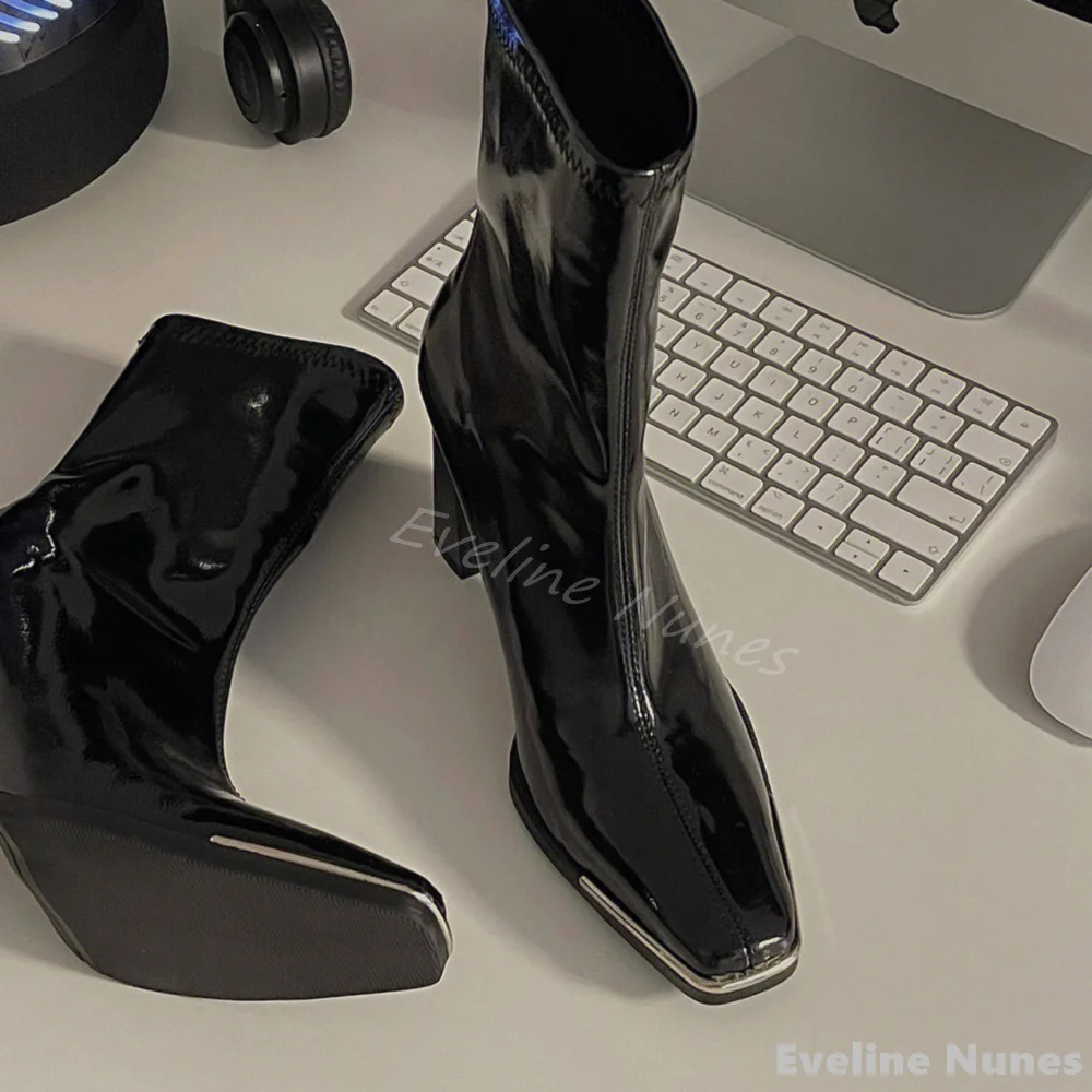 Patent Leather Metal Square Toe Short Boots Women Slip On Chunky High Heels Stretch Boots 2024 Spring New Black Modern Boots
Patent Leather Metal Square Toe Short Boots Women Slip On Chunky High Heels Stretch Boots 2024 Spring New Black Modern Boots
