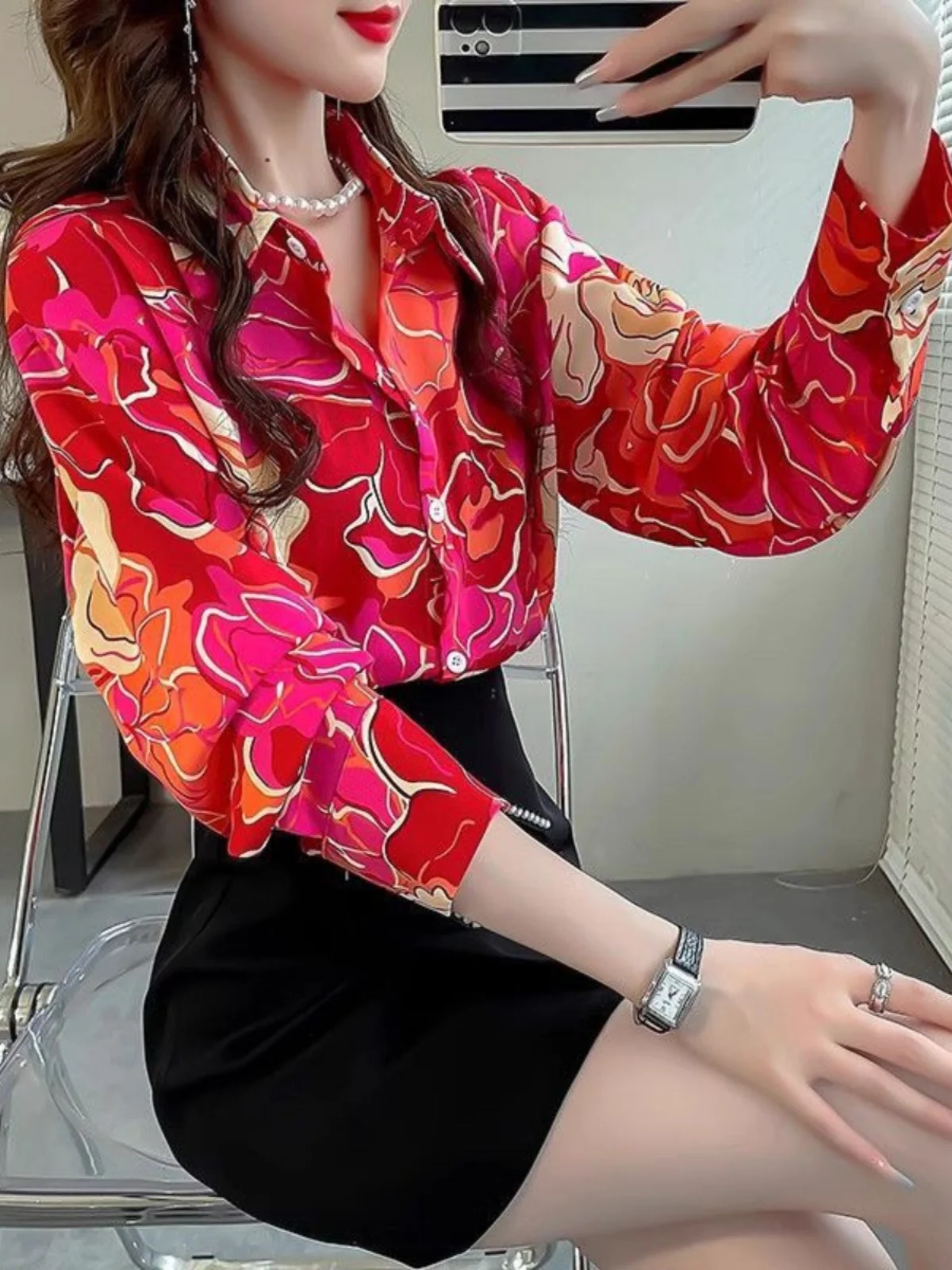Red Floral Print Long Sleeve Women's Shirt Fashionable Chiffon Spring Autumn Outerwear Collar Loose Fit Polyester Fiber
Red Floral Print Long Sleeve Women's Shirt Fashionable Chiffon Spring Autumn Outerwear Collar Loose Fit Polyester Fiber