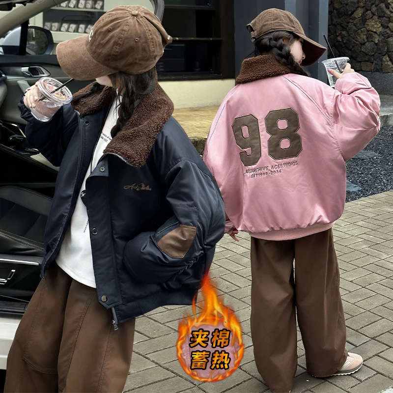 Fashion Girl Coats Loose Casual New Retro Motorcycle Cotton Jacket Thick Warm Big Child Overcoat Autumn Winter Number Embroidery 
Fashion Girl Coats Loose Casual New Retro Motorcycle Cotton Jacket Thick Warm Big Child Overcoat Autumn Winter Number Embroidery