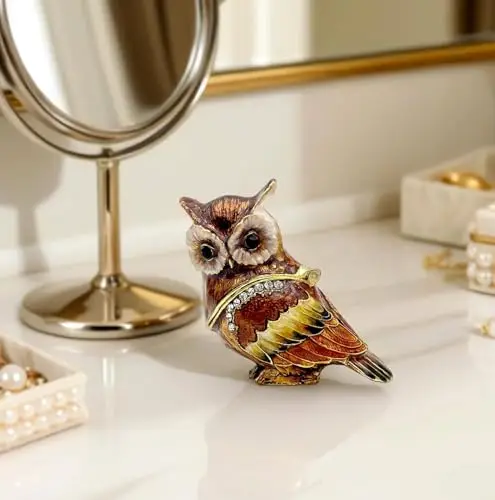 Elegant Owl-Shaped Hinged Jewelry Box With Crystal Accents For Rings And Earrings, Decorative Collectible Home Accessory
Elegant Owl-Shaped Hinged Jewelry Box With Crystal Accents For Rings And Earrings, Decorative Collectible Home Accessory