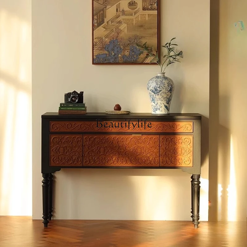 French retro entrance counter facing the door, living room solid wood decorative rack contrasting color desk table
French retro entrance counter facing the door, living room solid wood decorative rack contrasting color desk table