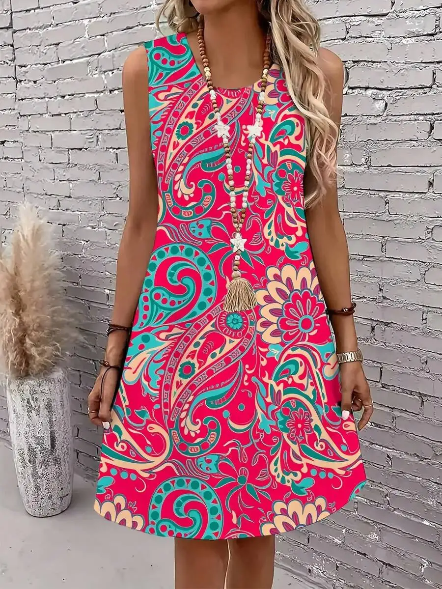 Paisley Floral Print Women Round Neck Sleeveless Casual Summer Beach Dress
Paisley Floral Print Women Round Neck Sleeveless Casual Summer Beach Dress