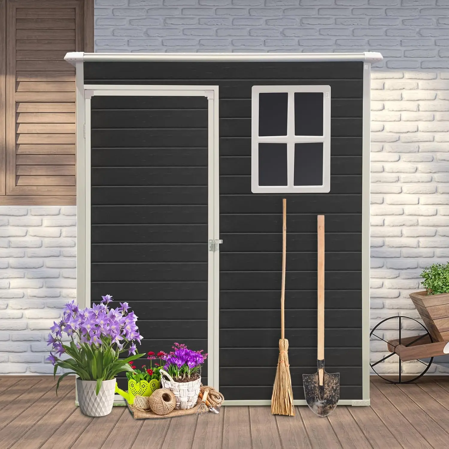 5x3FT Waterproof Resin Storage Shed with Floor Lockable Door Window for Backyard Lawn Tools, Customized
5x3FT Waterproof Resin Storage Shed with Floor Lockable Door Window for Backyard Lawn Tools, Customized