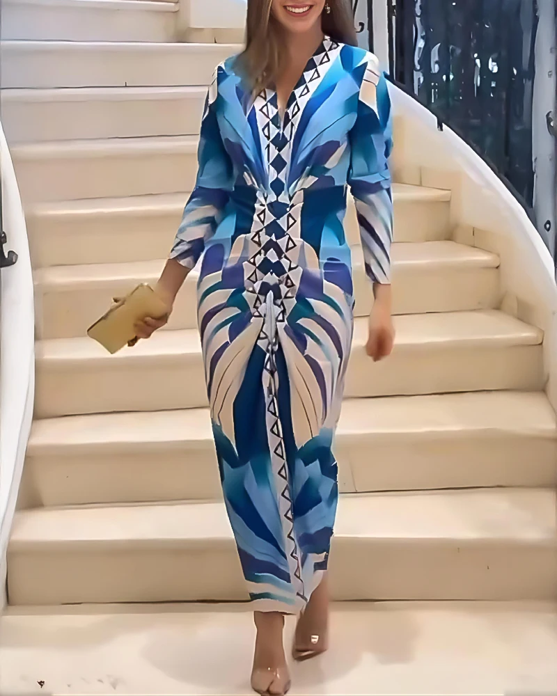 Dress Women's Fashion 2025 Spring Geometric Print Plunge V Neck Long Sleeve Bodycon Midi Dress Casual Slim Fit Ruched Slit Dress
Dress Women's Fashion 2025 Spring Geometric Print Plunge V Neck Long Sleeve Bodycon Midi Dress Casual Slim Fit Ruched Slit Dress