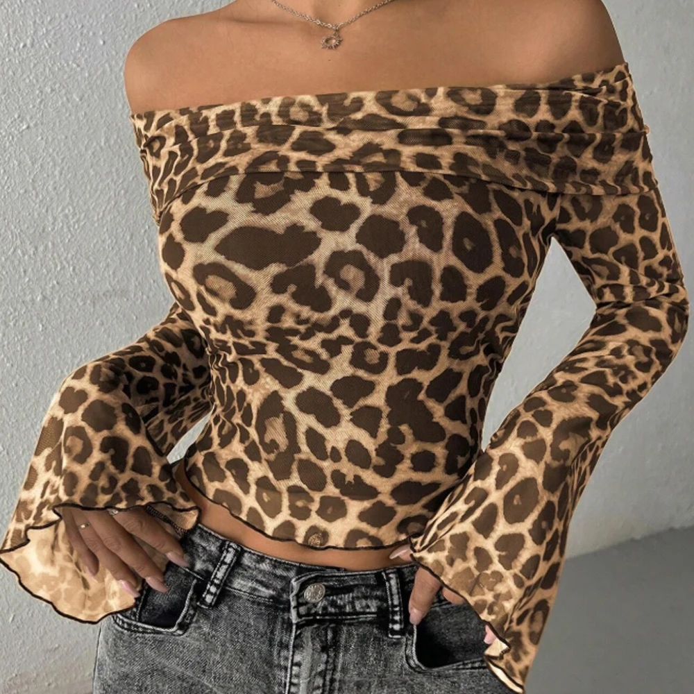 Sexy Off Shoulder Leopard Print Sheer Mesh Long Sleeve Blouse
Sexy Off Shoulder Leopard Print Sheer Mesh Long Sleeve Blouse