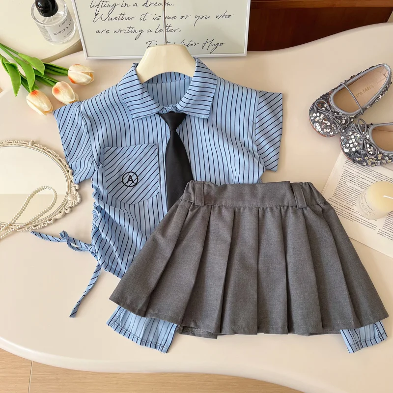 Girls' Dress Set Summer New Children's Academy Style Striped Shirt Pleated Skirt Two-Piece Set Wholesale 
Girls' Dress Set Summer New Children's Academy Style Striped Shirt Pleated Skirt Two-Piece Set Wholesale