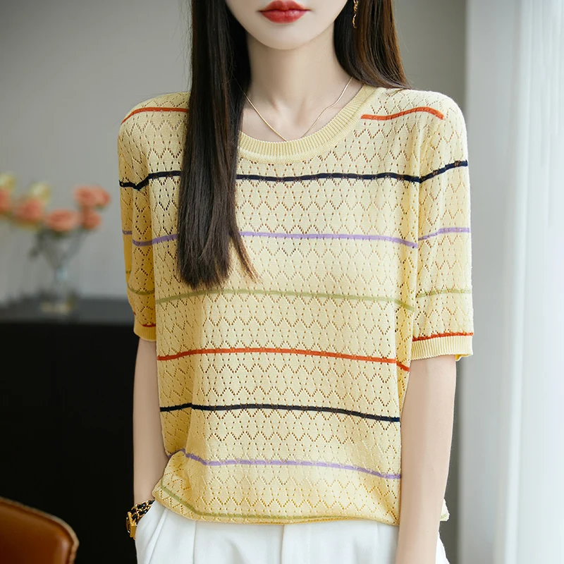 ZOCEPT Summer New Loose Half Sleeve T-shirt Women's Striped Hollow Out Tencel Short Sleeved Fashionable Versatile Breathable Top
ZOCEPT Summer New Loose Half Sleeve T-shirt Women's Striped Hollow Out Tencel Short Sleeved Fashionable Versatile Breathable Top