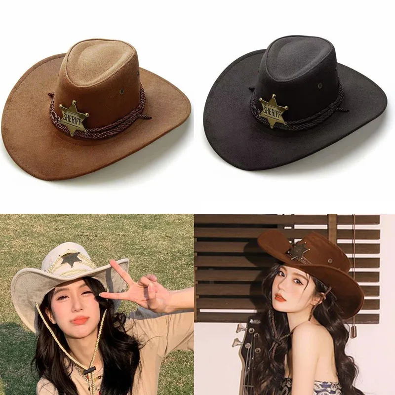 Fashion Faux-leather Wide-brimmed Cowboy Hat 6 Point Star Decoration Sun-protective Adult Straw Hat Windproof Rope Top Hat
Fashion Faux-leather Wide-brimmed Cowboy Hat 6 Point Star Decoration Sun-protective Adult Straw Hat Windproof Rope Top Hat