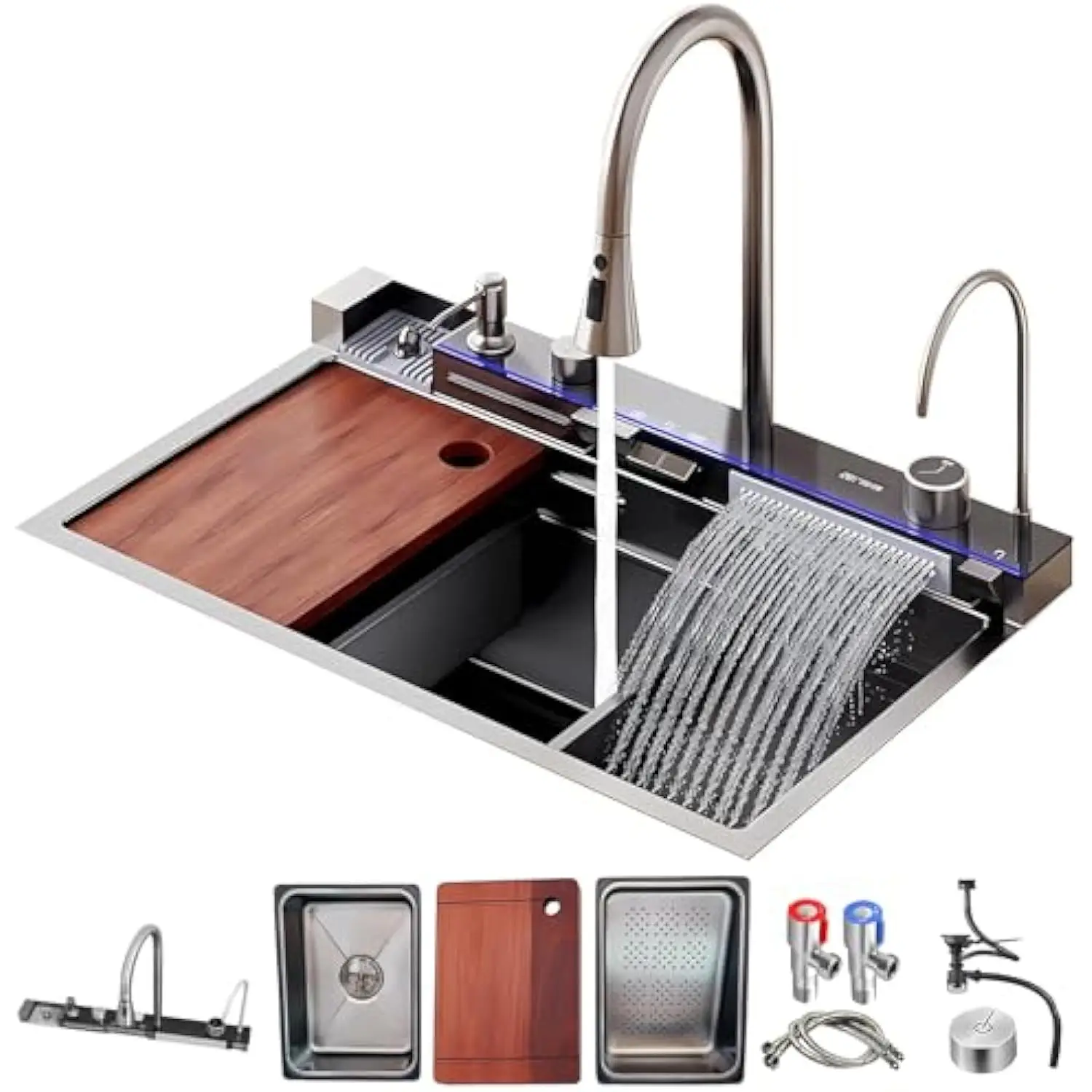 Black Stainless Steel Temperature Display Kitchen Sink, Waterfall Single Bowl L Workstation Sink, Topmount Large Capacity Bar Sin
Black Stainless Steel Temperature Display Kitchen Sink, Waterfall Single Bowl L Workstation Sink, Topmount Large Capacity Bar Sin