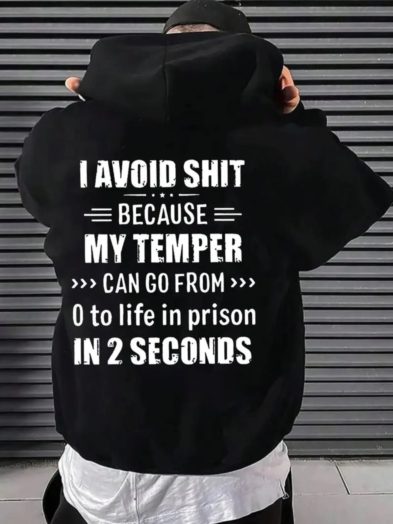 " I avoid trouble because of my temper " slogan hooded sweatshirt - casual pullover, featuring humorous prison-themed jokes
" I avoid trouble because of my temper " slogan hooded sweatshirt - casual pullover, featuring humorous prison-themed jokes