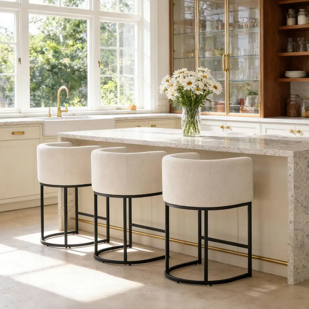 Counter Height Bar Stools Set of 3, Linen Fabric holstered Kitchen Counter Bar Stools, Modern Barrel Accent Barstools for Isl
Counter Height Bar Stools Set of 3, Linen Fabric holstered Kitchen Counter Bar Stools, Modern Barrel Accent Barstools for Isl