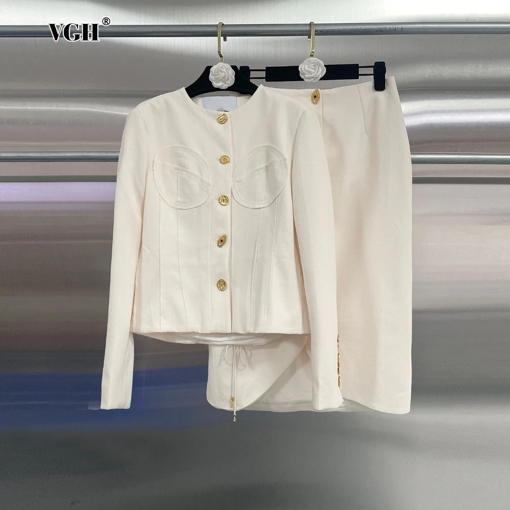 VGH Slimming Spliced Metal Buckle Two Piece Set Female O Neck Long Sleeve Coat High Waist Irregular Split Mid Skirt Sets Female
VGH Slimming Spliced Metal Buckle Two Piece Set Female O Neck Long Sleeve Coat High Waist Irregular Split Mid Skirt Sets Female