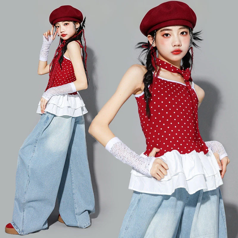 2026 New Jazz Outfit Girl Kpop Dance Performance Costume Summer Red Sling Top Loose Jeans Children Street Dance Stage Wear 3685
2026 New Jazz Outfit Girl Kpop Dance Performance Costume Summer Red Sling Top Loose Jeans Children Street Dance Stage Wear 3685