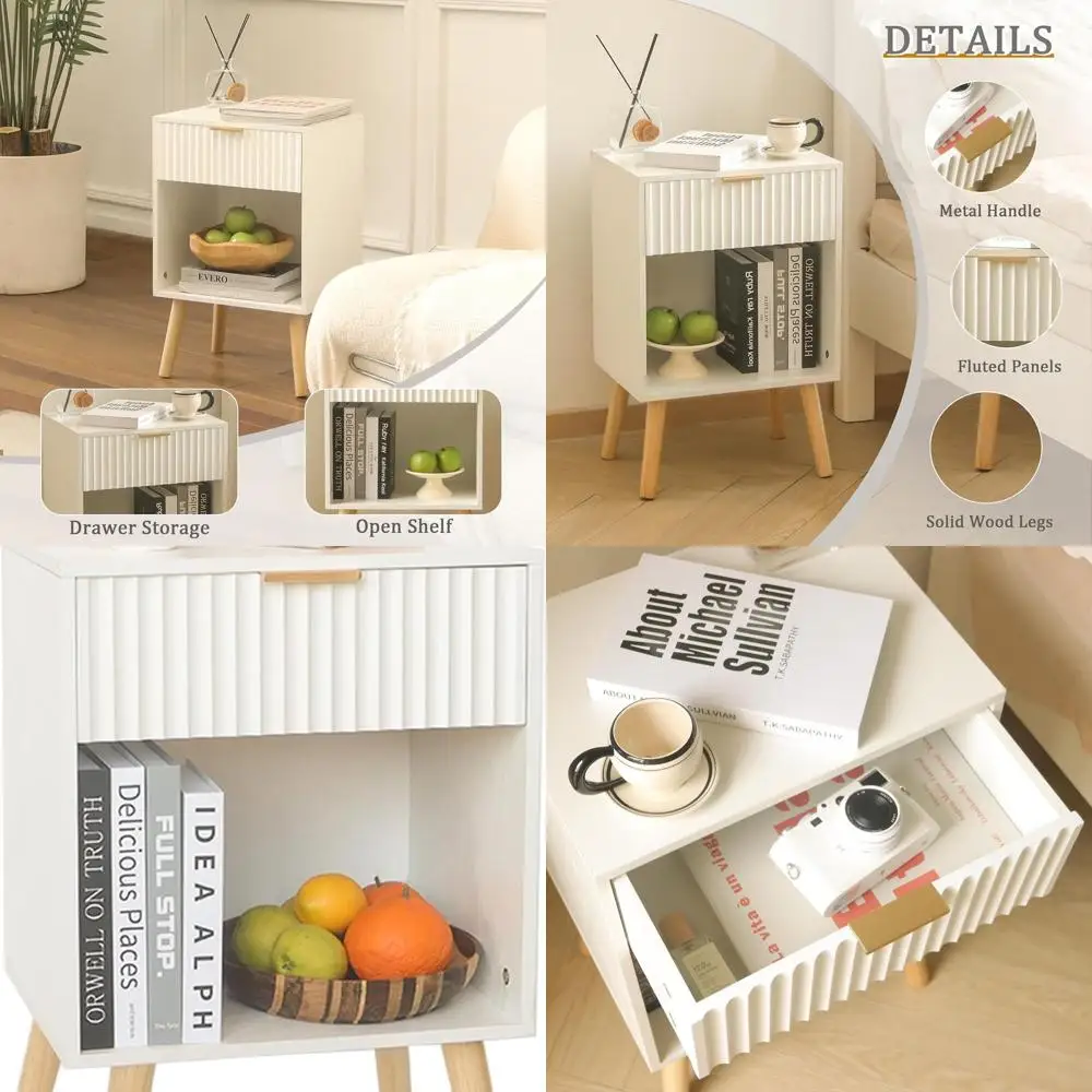 Contemporary White Bedside Table with Drawer and Open Storage, Fluted Side Table for Living Room, Solid Wood Legs, Bedroom-Frien
Contemporary White Bedside Table with Drawer and Open Storage, Fluted Side Table for Living Room, Solid Wood Legs, Bedroom-Frien