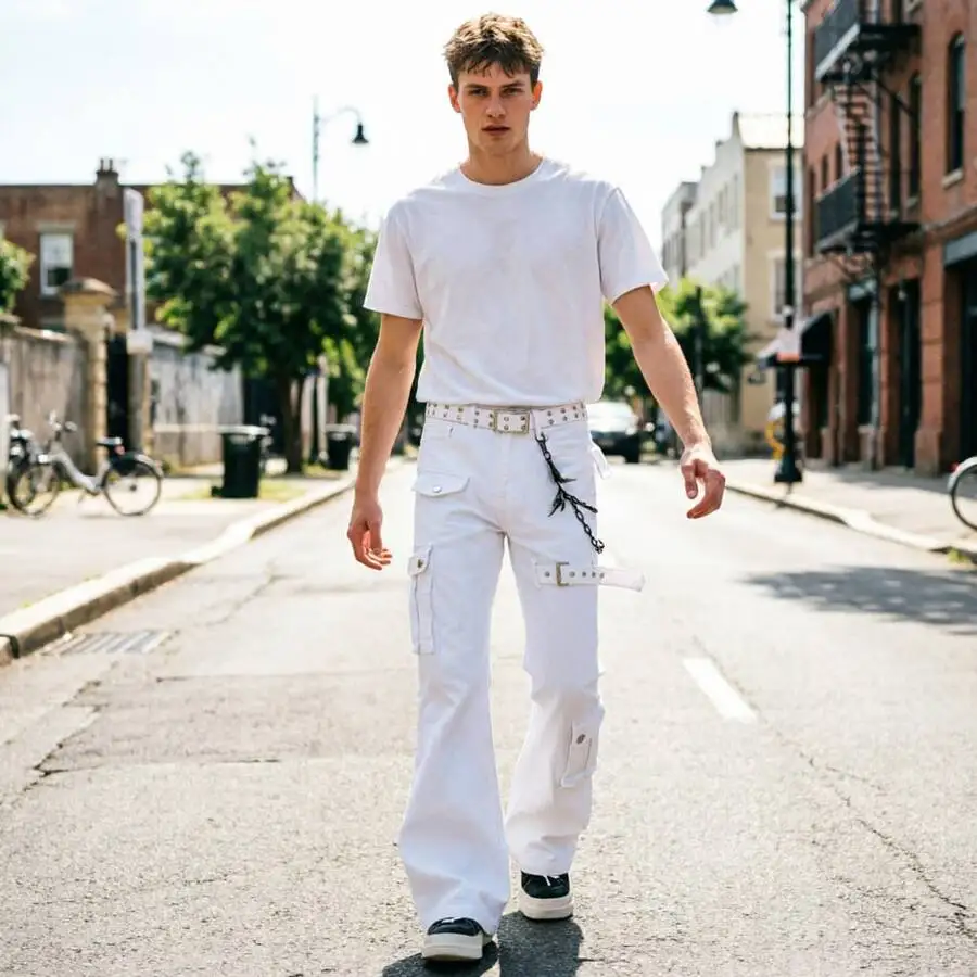 Mens White Cargo Jeans High Waist Wide Leg Flared Work Pants Casual Denim
Mens White Cargo Jeans High Waist Wide Leg Flared Work Pants Casual Denim