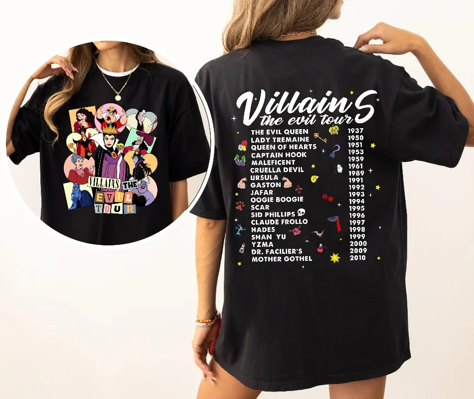 Two-sided Disney Villains The Evil Tour Shirt Evil Queens Ursula Cruella Hades Scar Captain Hook T-Shirt
Two-sided Disney Villains The Evil Tour Shirt Evil Queens Ursula Cruella Hades Scar Captain Hook T-Shirt