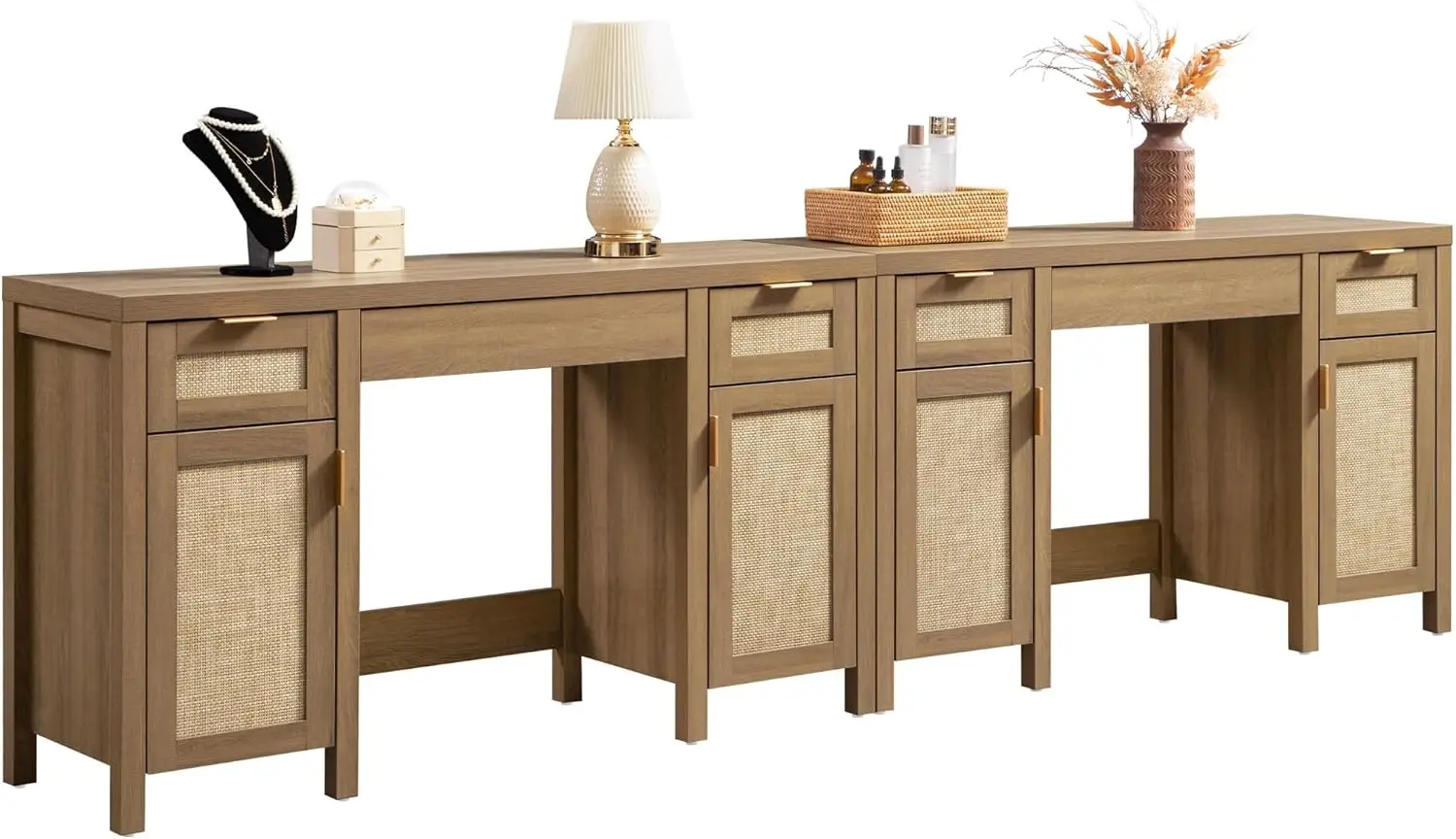 2 Pieces Rattan Vanity Home Office Desk Big Boho Makeup Vanities Benches with Drawers Storage Cabinets Dressing Vanity Table
2 Pieces Rattan Vanity Home Office Desk Big Boho Makeup Vanities Benches with Drawers Storage Cabinets Dressing Vanity Table