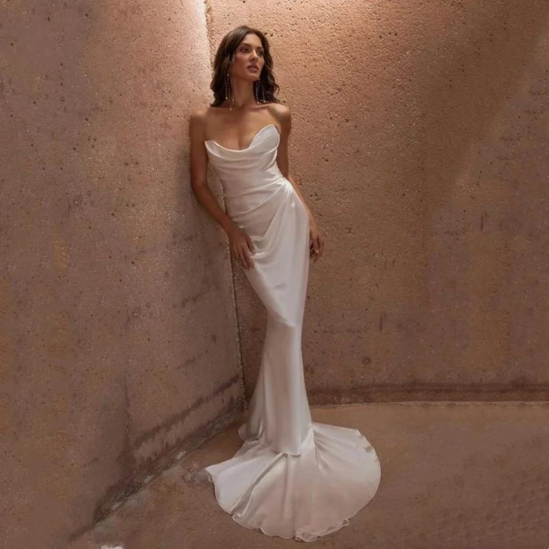 Boho Satin Mermaid Wedding Dress Sleeveless Simple Strapless Wedding Gown Backless Pleat Sweep Train Bridal Dress Robe De Mariee
Boho Satin Mermaid Wedding Dress Sleeveless Simple Strapless Wedding Gown Backless Pleat Sweep Train Bridal Dress Robe De Mariee