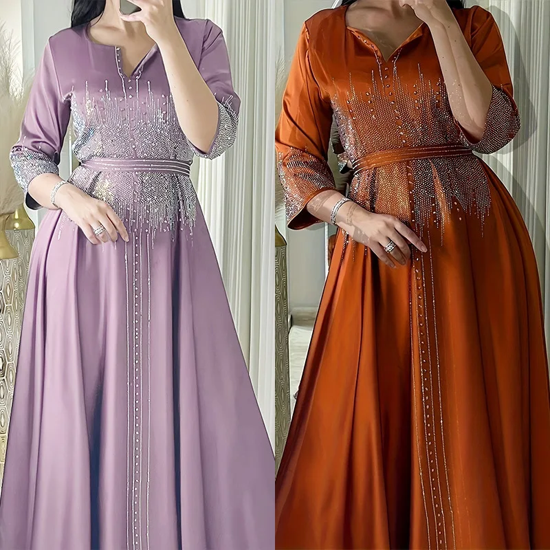 Мусульманская женская одежда в современном стиле на Ближнем Востоке, карамельные/фиолетовые/серые/темно-синие атласные платья, вечернее платье со стразами 
Мусульманская женская одежда в современном стиле на Ближнем Востоке, карамельные/фиолетовые/серые/темно-синие атласные платья, вечернее платье со стразами