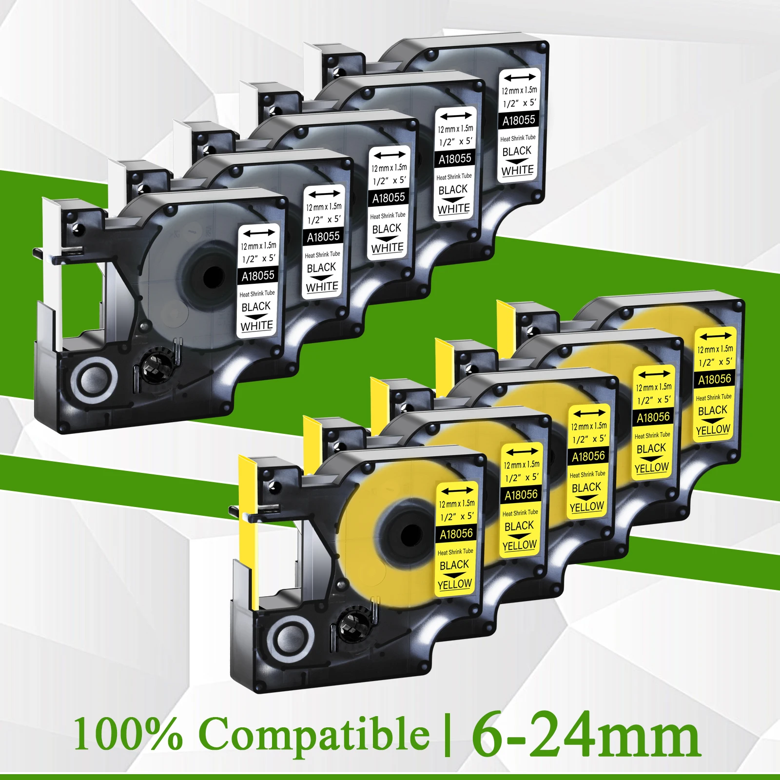 10Pcs IND Heat-Shrink Tube Label Tapes Black on White+Black on Yellow 6-24mm for Dymo Rhino 18055 18056 for LabelManager 4200
10Pcs IND Heat-Shrink Tube Label Tapes Black on White+Black on Yellow 6-24mm for Dymo Rhino 18055 18056 for LabelManager 4200