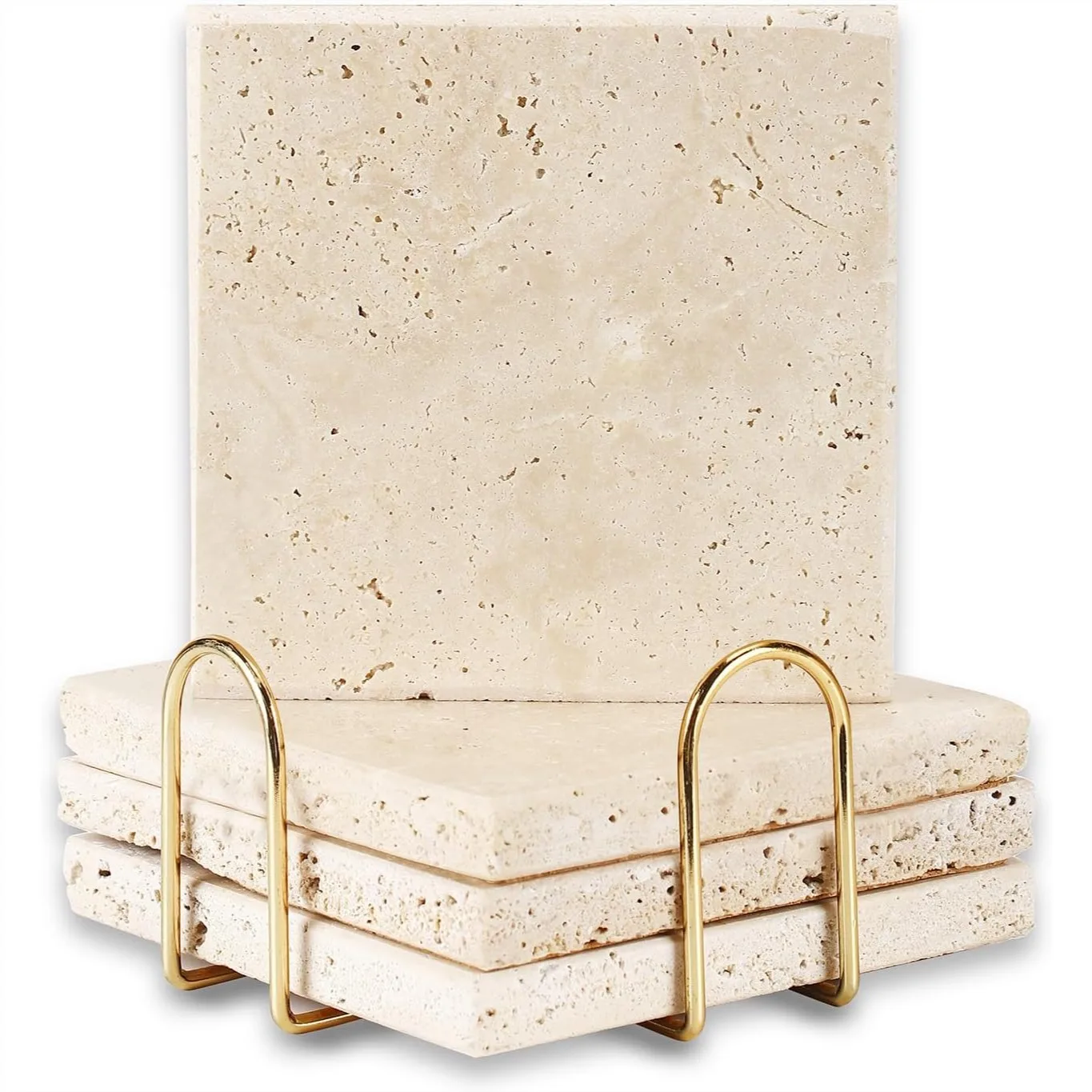 4 Natural Stone Coasters Set with Gold Cup Holder, Non-Slip Cork Backing Protect Tables from Stains
4 Natural Stone Coasters Set with Gold Cup Holder, Non-Slip Cork Backing Protect Tables from Stains