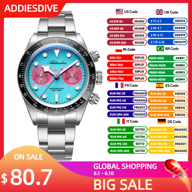 ADDIESDIVE 2026 New VK64 Quartz Wristwatch Luxury Chronograph Men Watch BGW9 Luminous Diving 100m Waterproof Ceamic Bezel AD2520
ADDIESDIVE 2026 New VK64 Quartz Wristwatch Luxury Chronograph Men Watch BGW9 Luminous Diving 100m Waterproof Ceamic Bezel AD2520