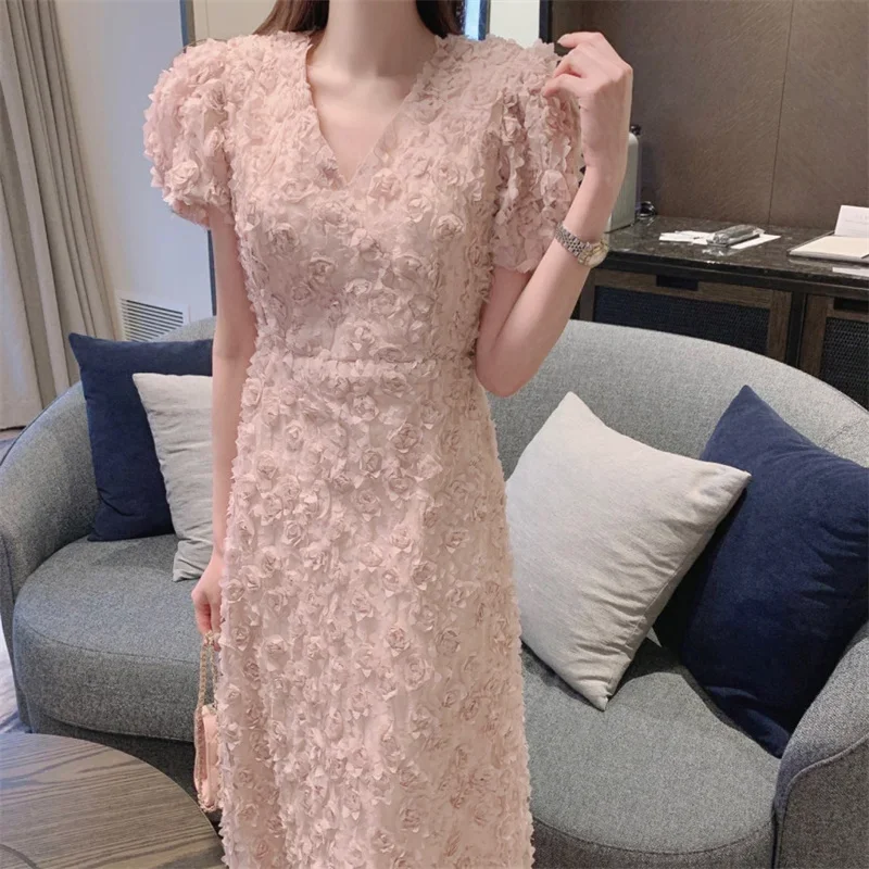 Formal Style Elegant Party Dress Summer Sweet V-neck Three-dimensional Flower Short Sleeve Pink Dress Ladies Black Long Vestidos
Formal Style Elegant Party Dress Summer Sweet V-neck Three-dimensional Flower Short Sleeve Pink Dress Ladies Black Long Vestidos